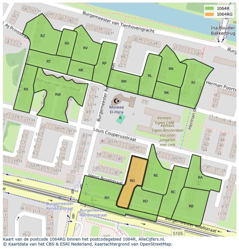 Afbeelding van het postcodegebied 1064 RG op de kaart.