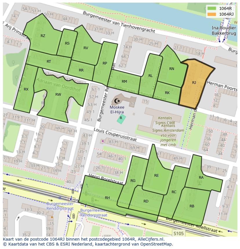 Afbeelding van het postcodegebied 1064 RJ op de kaart.