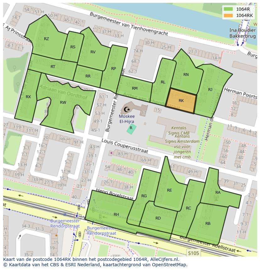 Afbeelding van het postcodegebied 1064 RK op de kaart.