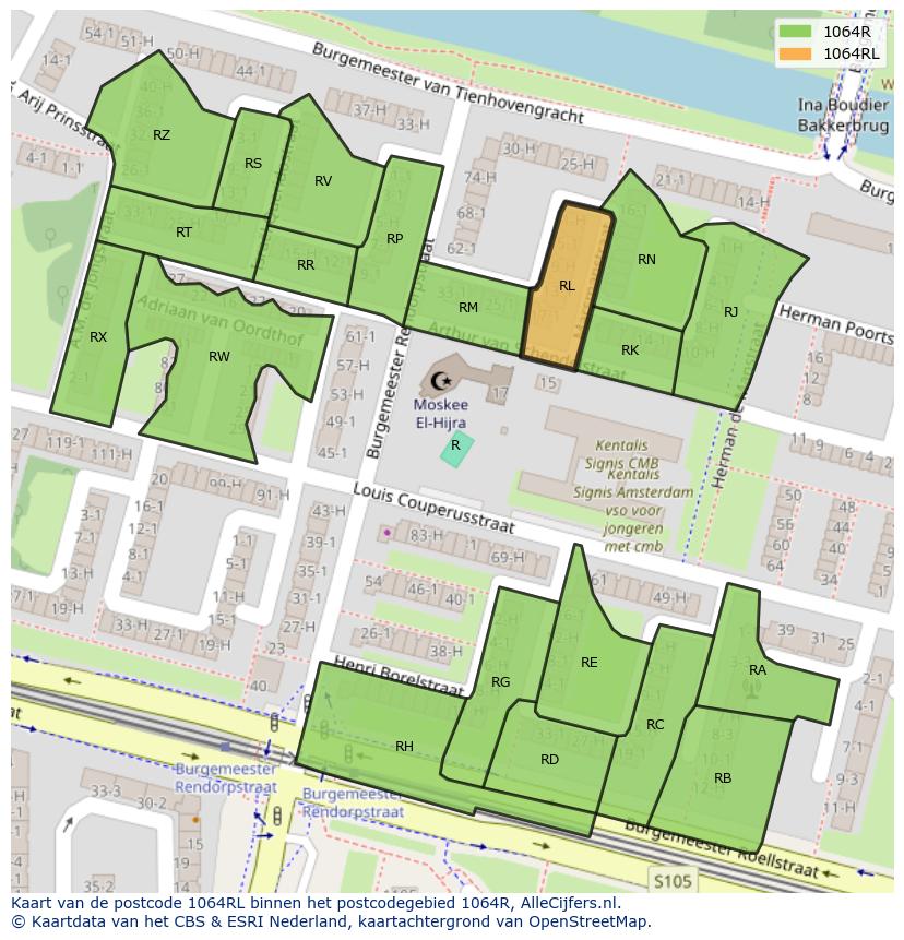 Afbeelding van het postcodegebied 1064 RL op de kaart.