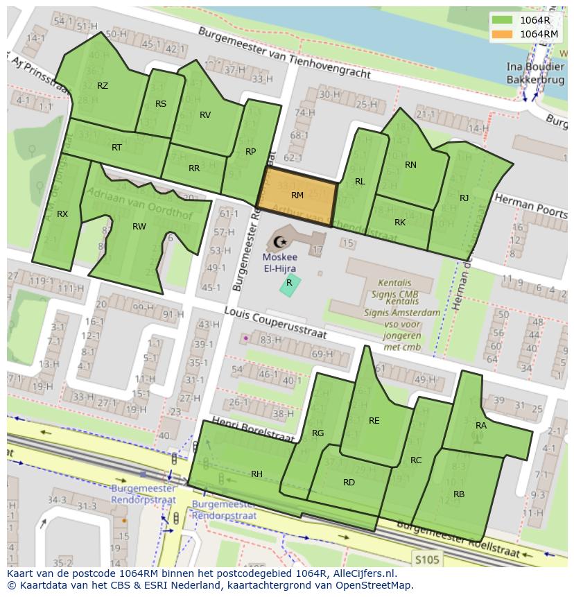 Afbeelding van het postcodegebied 1064 RM op de kaart.