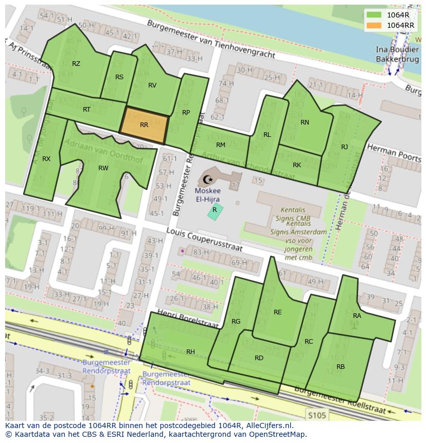 Afbeelding van het postcodegebied 1064 RR op de kaart.