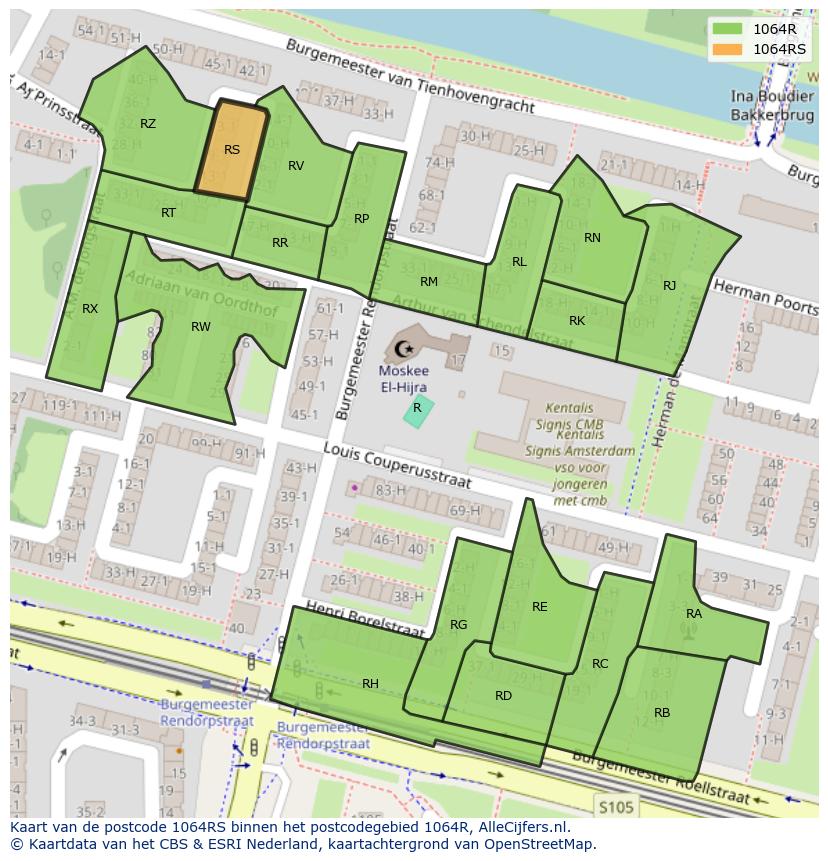 Afbeelding van het postcodegebied 1064 RS op de kaart.