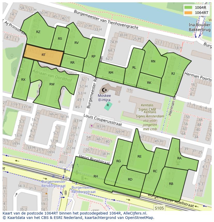 Afbeelding van het postcodegebied 1064 RT op de kaart.