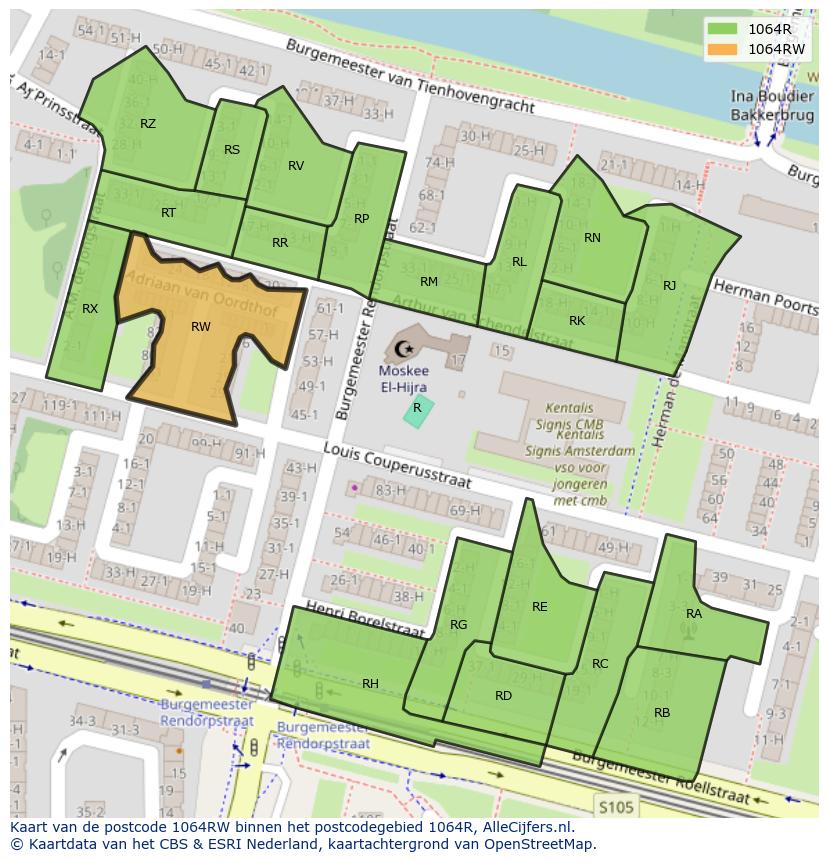 Afbeelding van het postcodegebied 1064 RW op de kaart.