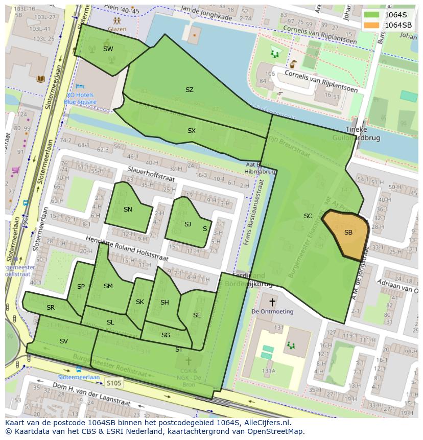 Afbeelding van het postcodegebied 1064 SB op de kaart.