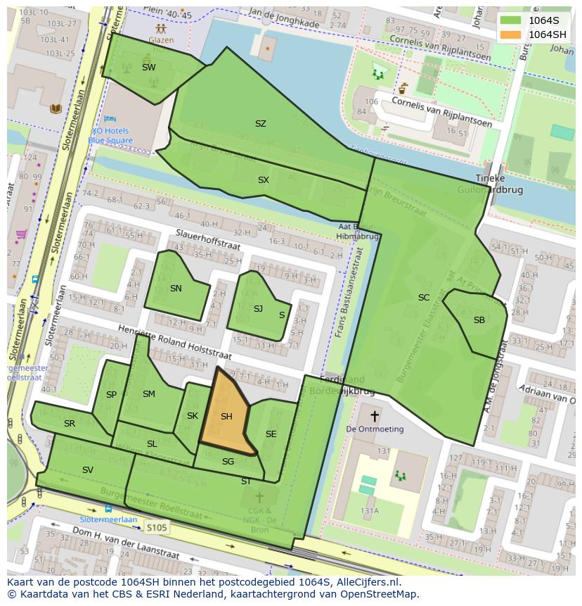 Afbeelding van het postcodegebied 1064 SH op de kaart.