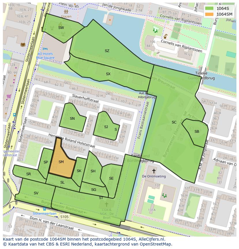 Afbeelding van het postcodegebied 1064 SM op de kaart.
