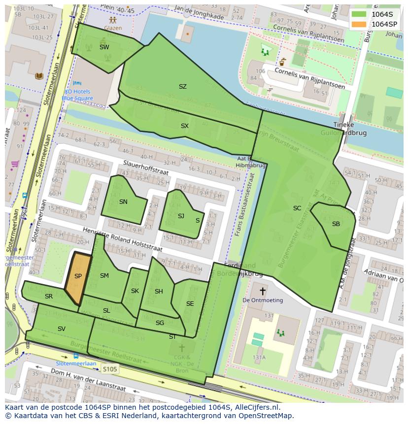 Afbeelding van het postcodegebied 1064 SP op de kaart.