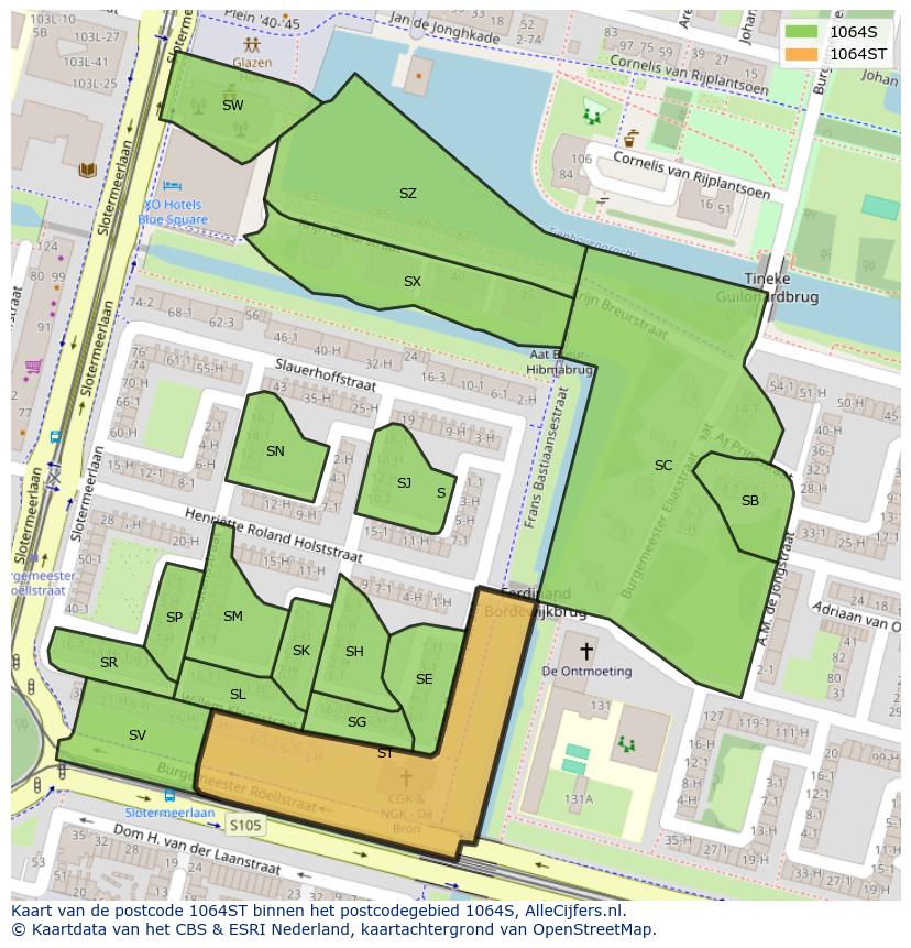 Afbeelding van het postcodegebied 1064 ST op de kaart.