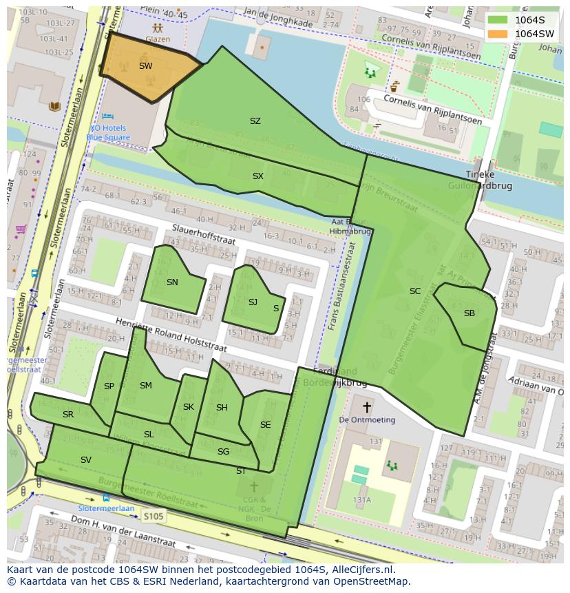 Afbeelding van het postcodegebied 1064 SW op de kaart.