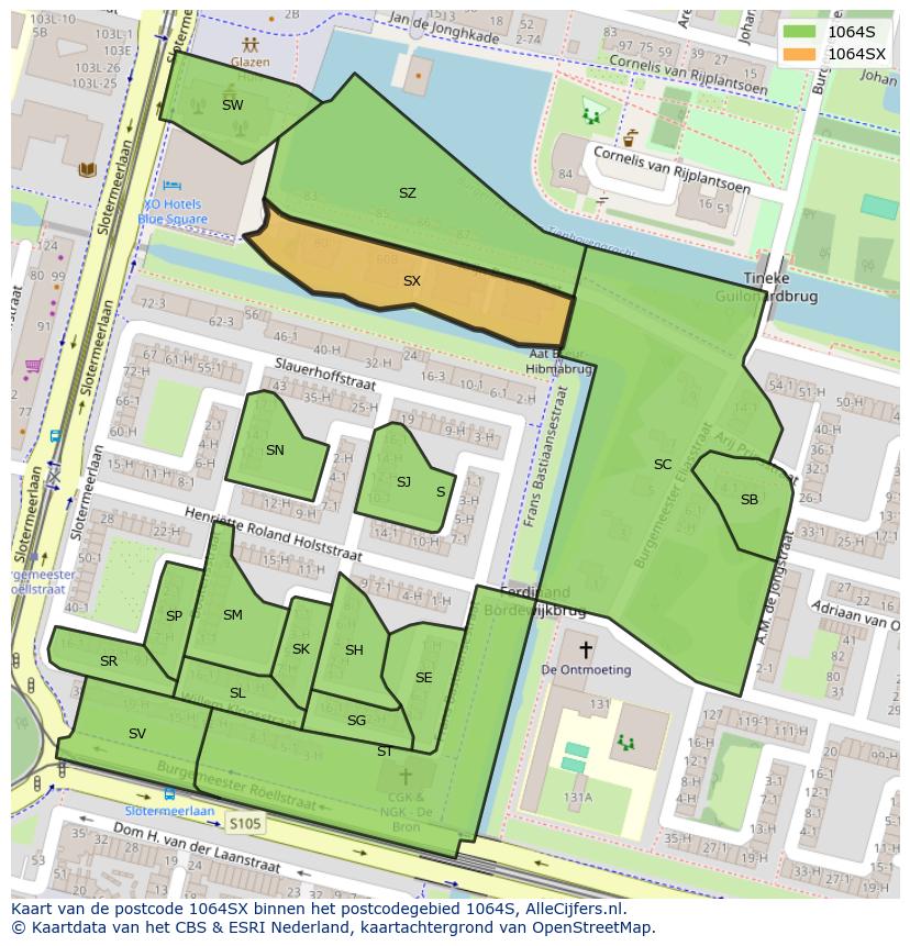 Afbeelding van het postcodegebied 1064 SX op de kaart.