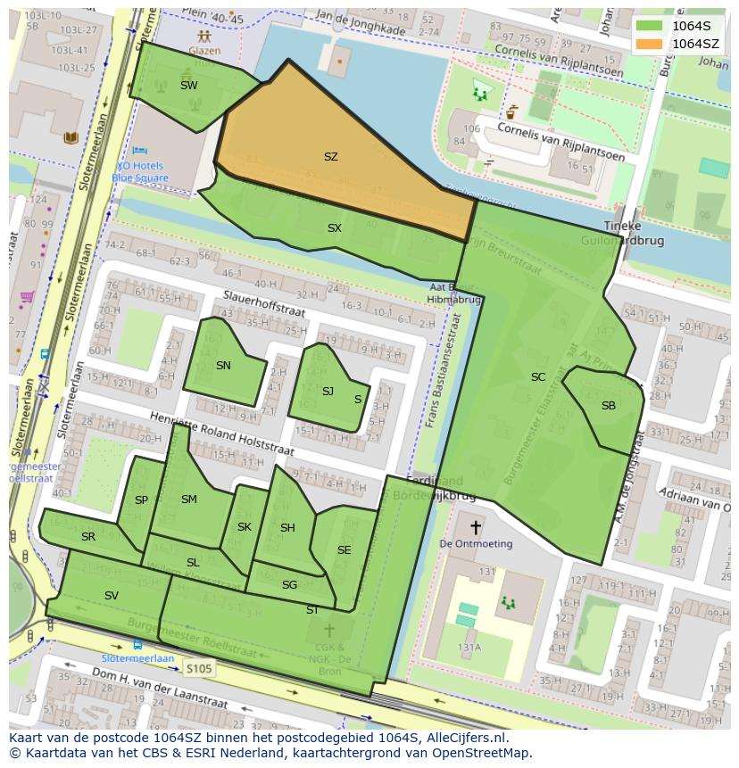 Afbeelding van het postcodegebied 1064 SZ op de kaart.