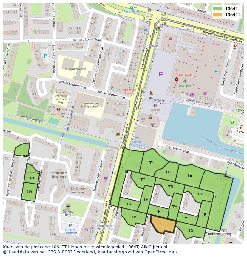 Afbeelding van het postcodegebied 1064 TT op de kaart.