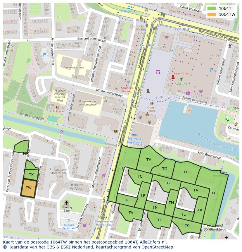 Afbeelding van het postcodegebied 1064 TW op de kaart.
