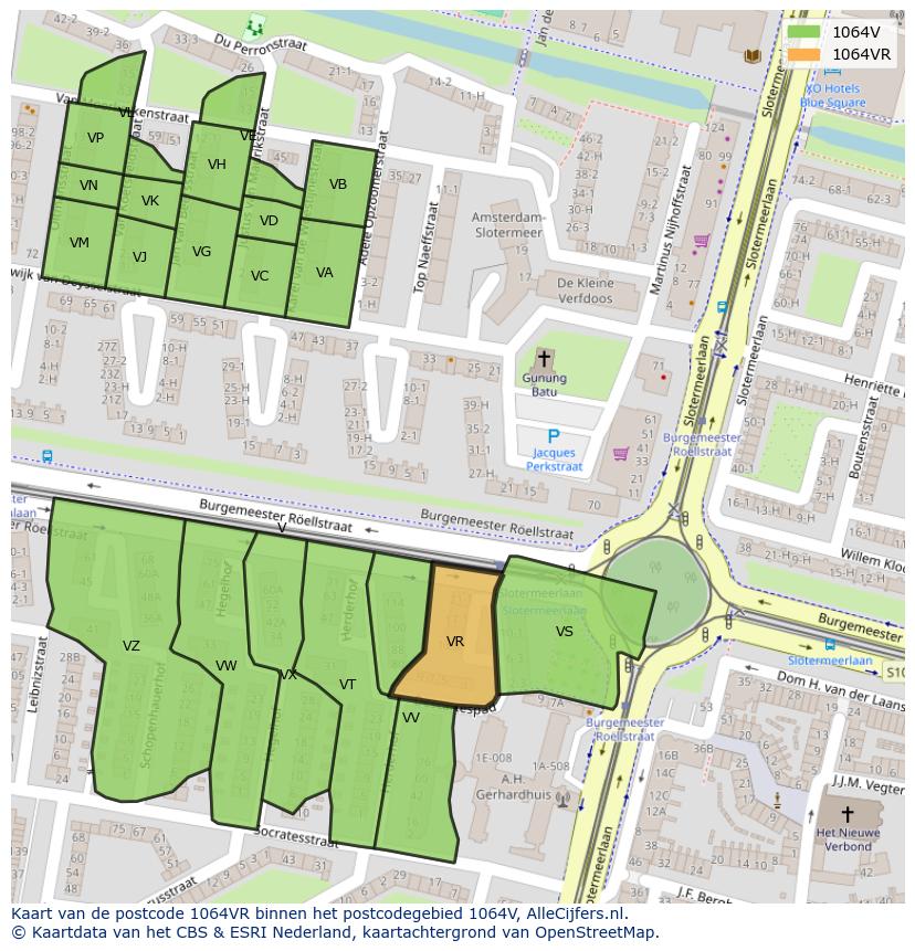 Afbeelding van het postcodegebied 1064 VR op de kaart.