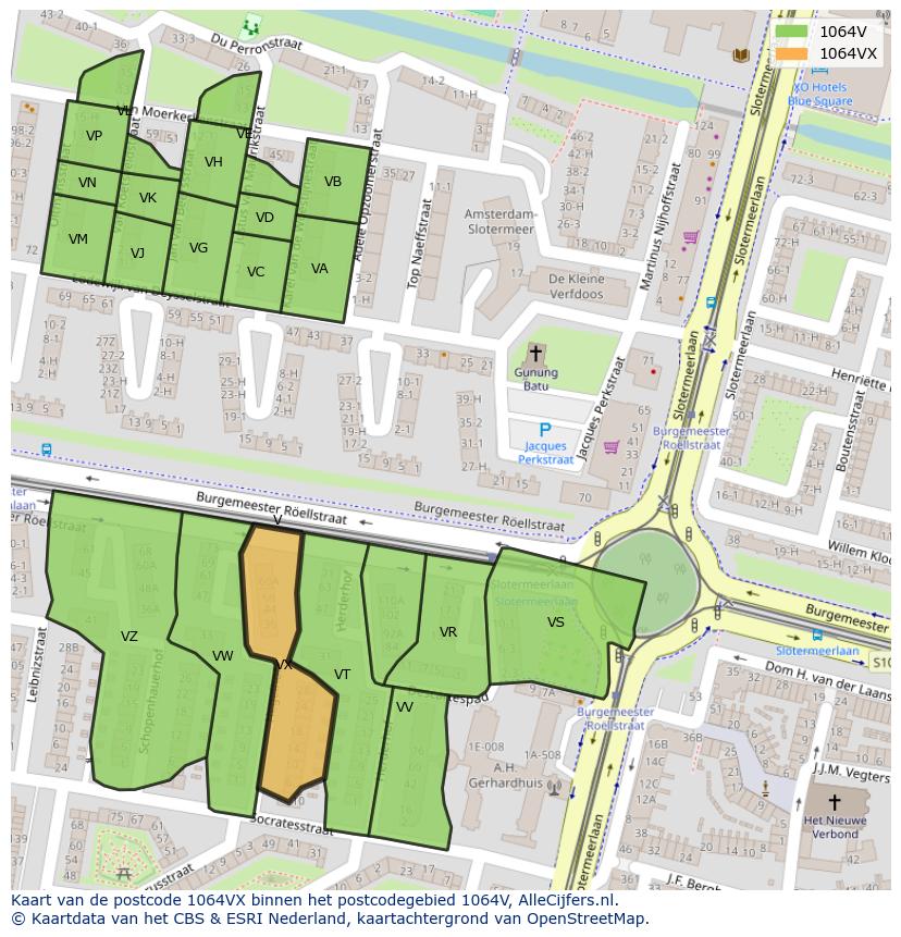 Afbeelding van het postcodegebied 1064 VX op de kaart.