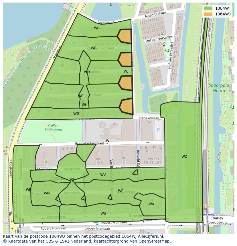 Afbeelding van het postcodegebied 1064 WJ op de kaart.