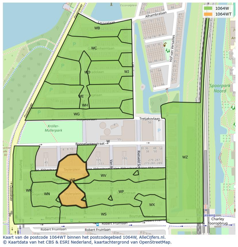 Afbeelding van het postcodegebied 1064 WT op de kaart.