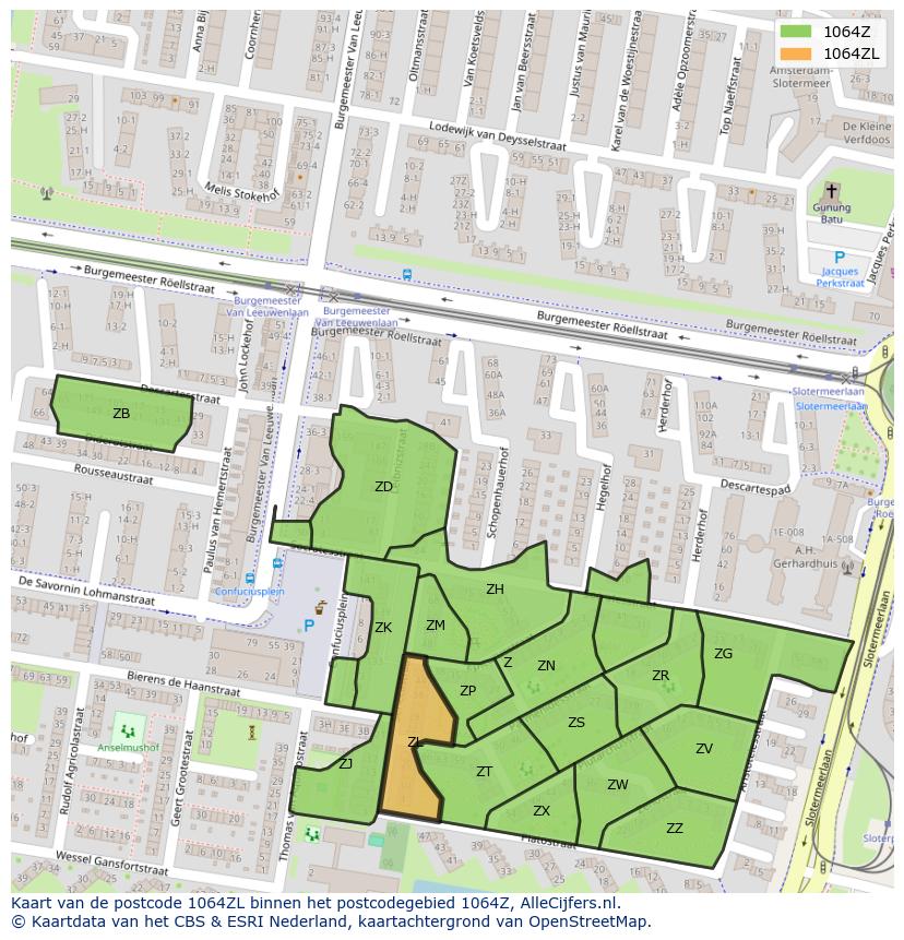 Afbeelding van het postcodegebied 1064 ZL op de kaart.