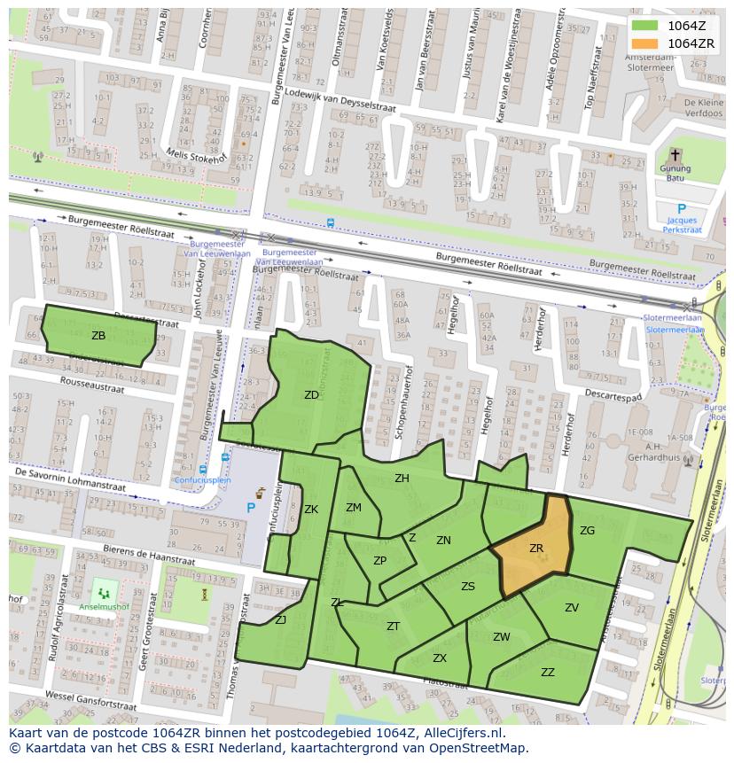 Afbeelding van het postcodegebied 1064 ZR op de kaart.