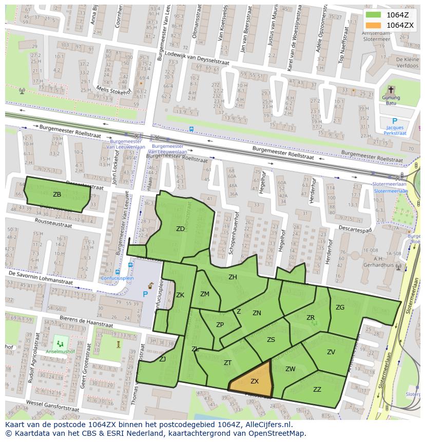 Afbeelding van het postcodegebied 1064 ZX op de kaart.