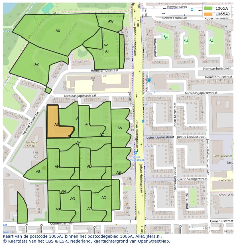 Afbeelding van het postcodegebied 1065 AJ op de kaart.