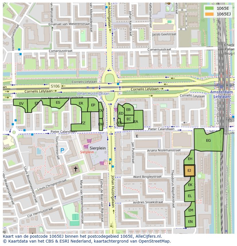 Afbeelding van het postcodegebied 1065 EJ op de kaart.