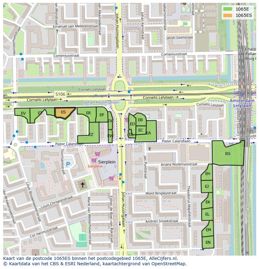 Afbeelding van het postcodegebied 1065 ES op de kaart.