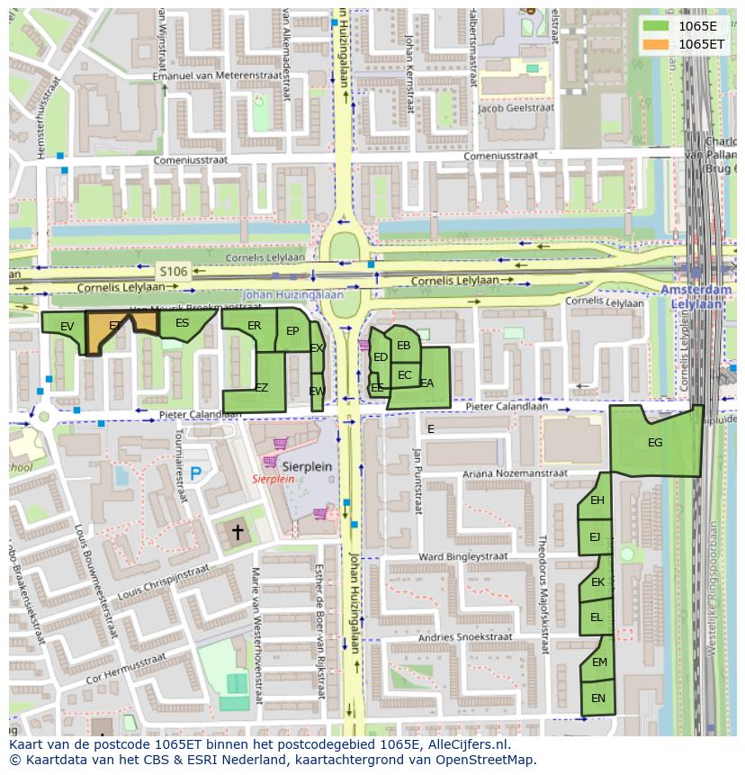 Afbeelding van het postcodegebied 1065 ET op de kaart.