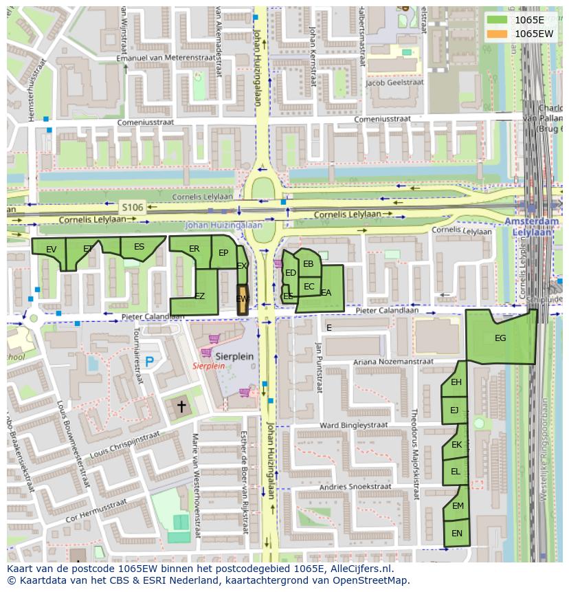 Afbeelding van het postcodegebied 1065 EW op de kaart.