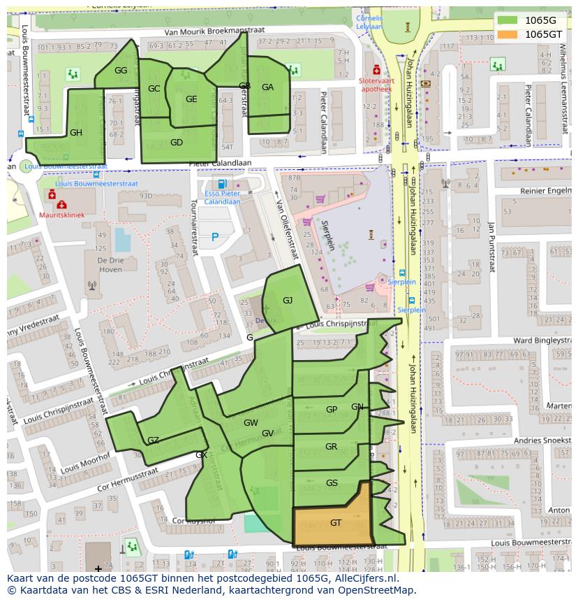 Afbeelding van het postcodegebied 1065 GT op de kaart.