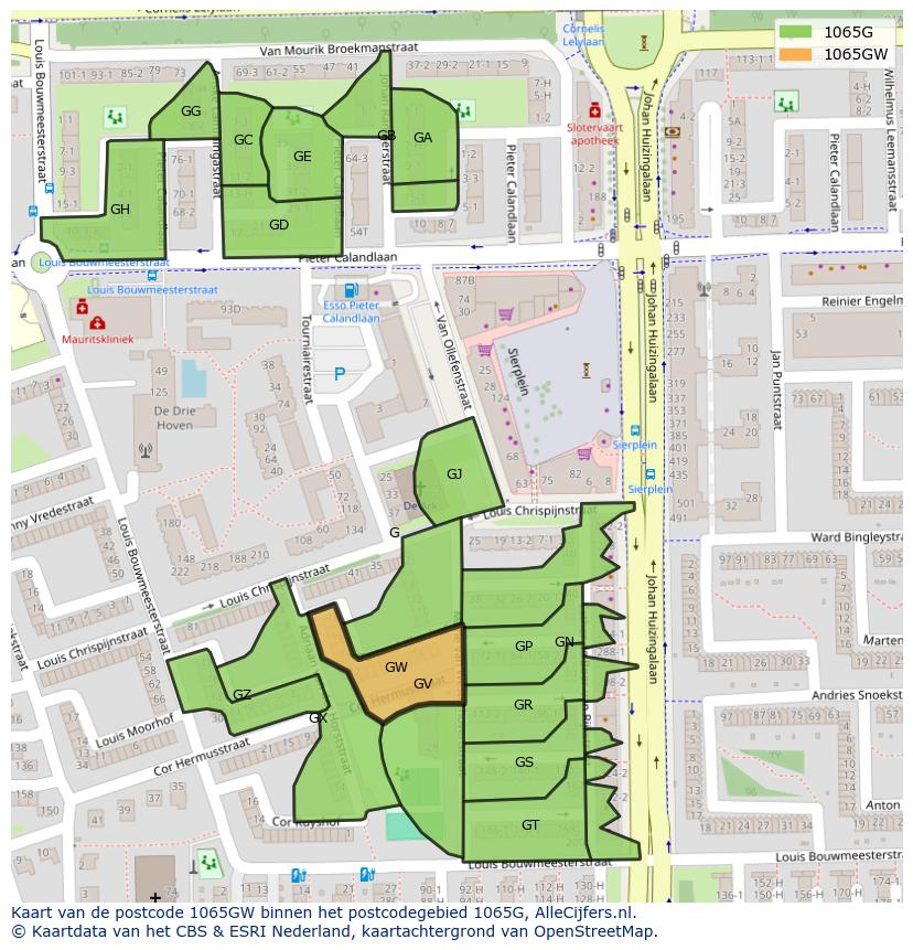 Afbeelding van het postcodegebied 1065 GW op de kaart.
