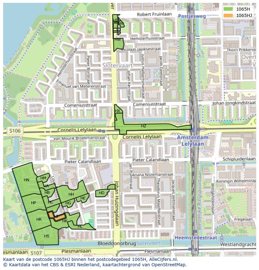 Afbeelding van het postcodegebied 1065 HJ op de kaart.