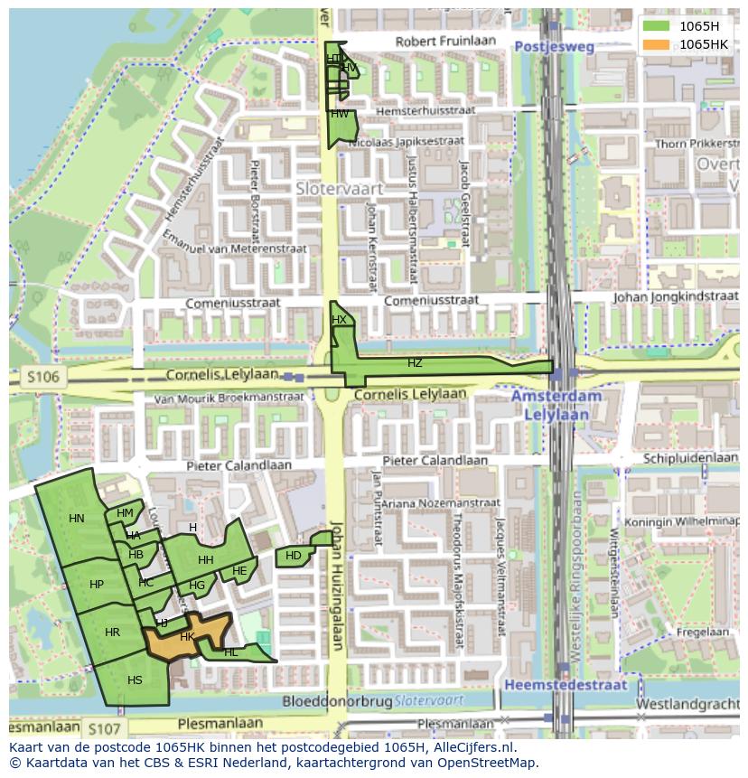 Afbeelding van het postcodegebied 1065 HK op de kaart.