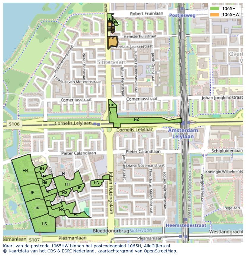 Afbeelding van het postcodegebied 1065 HW op de kaart.