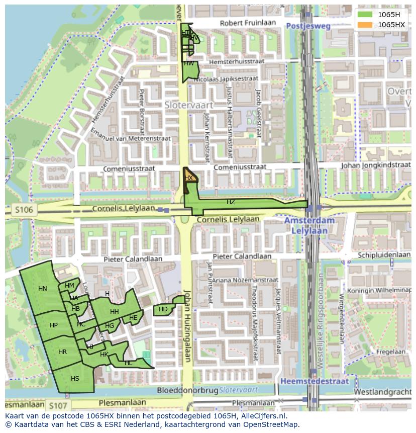 Afbeelding van het postcodegebied 1065 HX op de kaart.