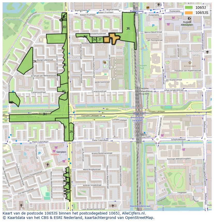 Afbeelding van het postcodegebied 1065 JS op de kaart.