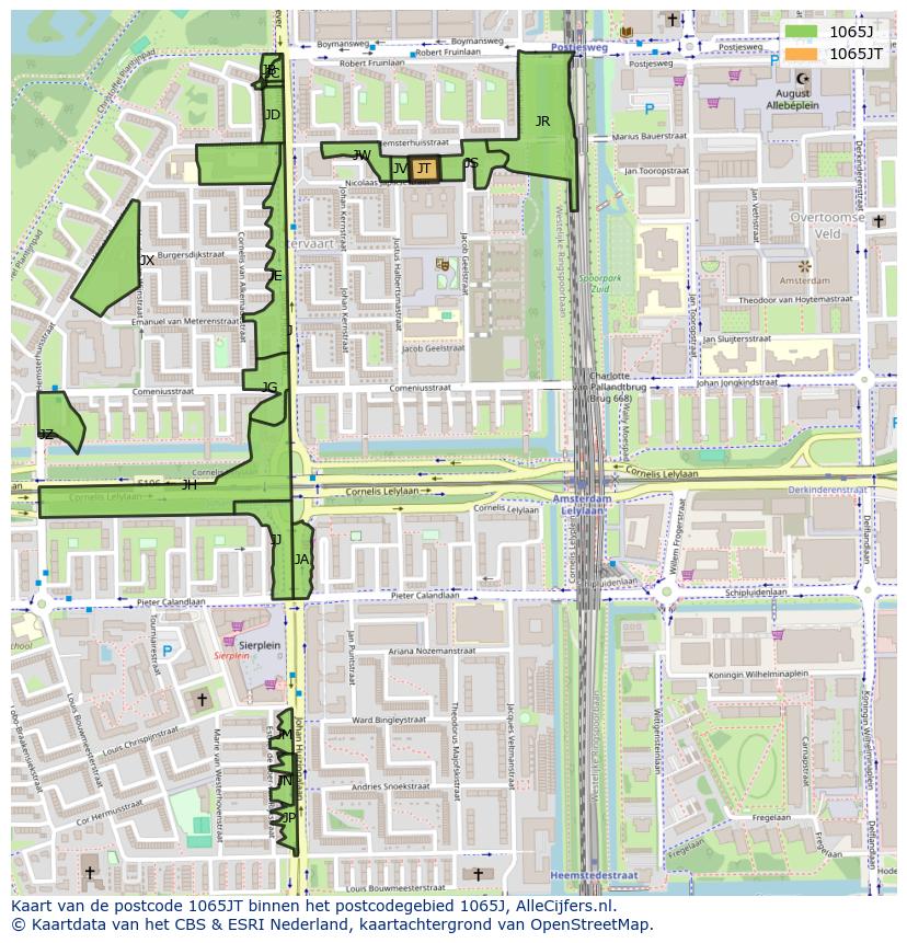 Afbeelding van het postcodegebied 1065 JT op de kaart.