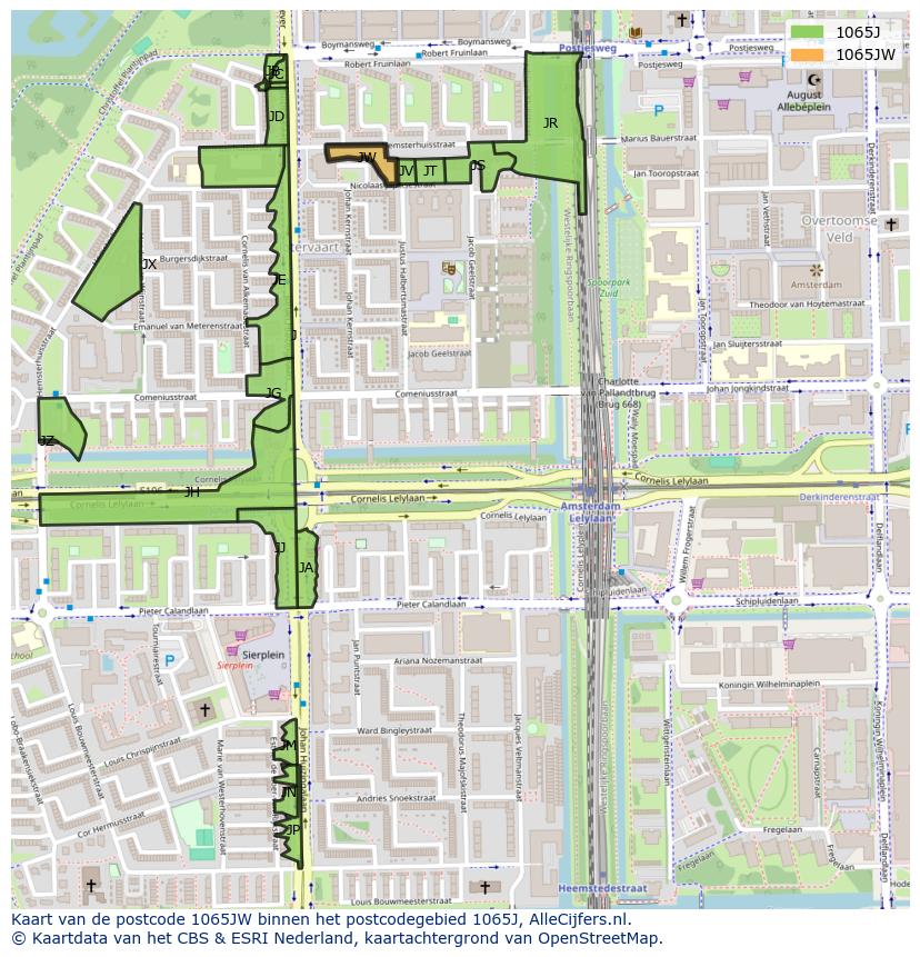 Afbeelding van het postcodegebied 1065 JW op de kaart.