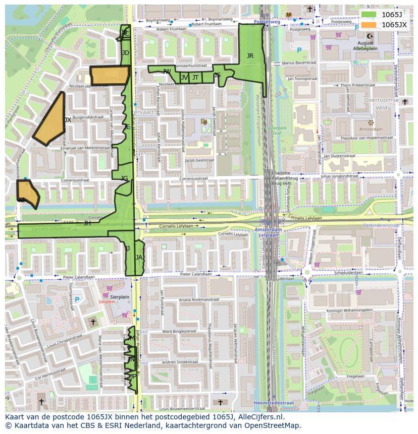Afbeelding van het postcodegebied 1065 JX op de kaart.
