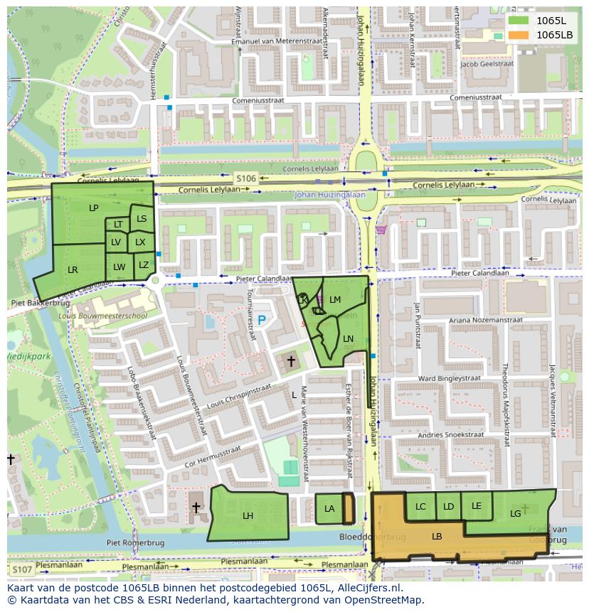 Afbeelding van het postcodegebied 1065 LB op de kaart.