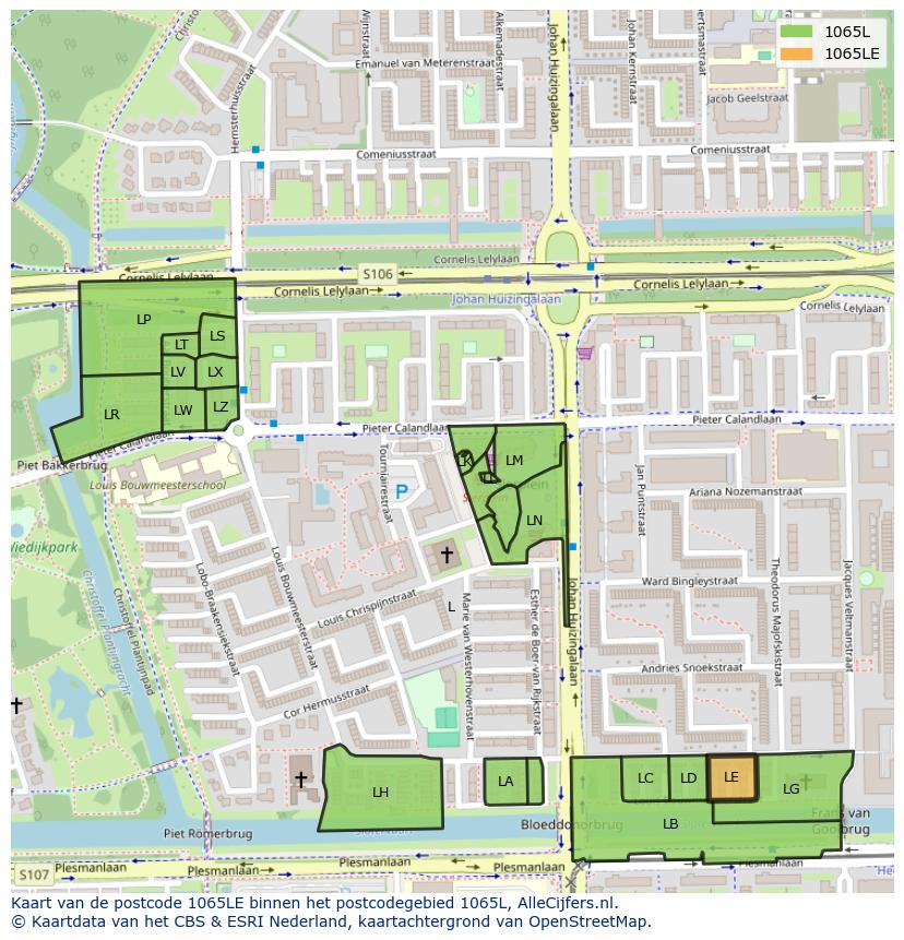 Afbeelding van het postcodegebied 1065 LE op de kaart.