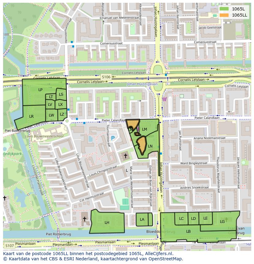 Afbeelding van het postcodegebied 1065 LL op de kaart.