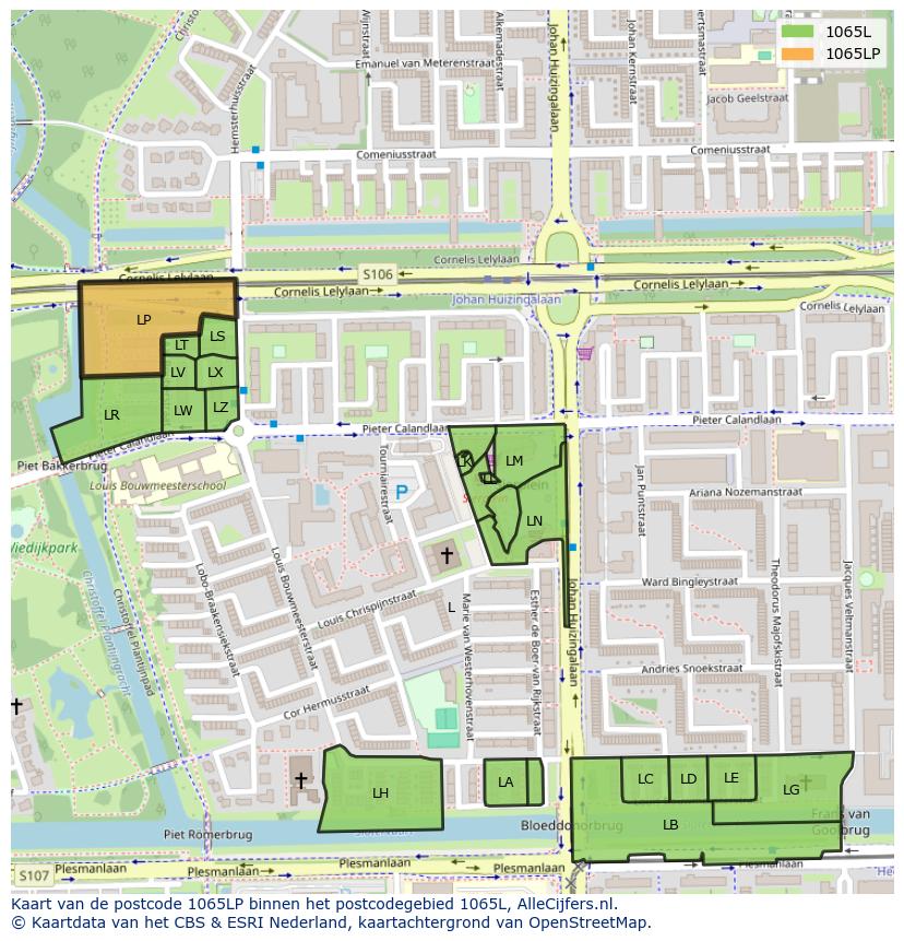Afbeelding van het postcodegebied 1065 LP op de kaart.