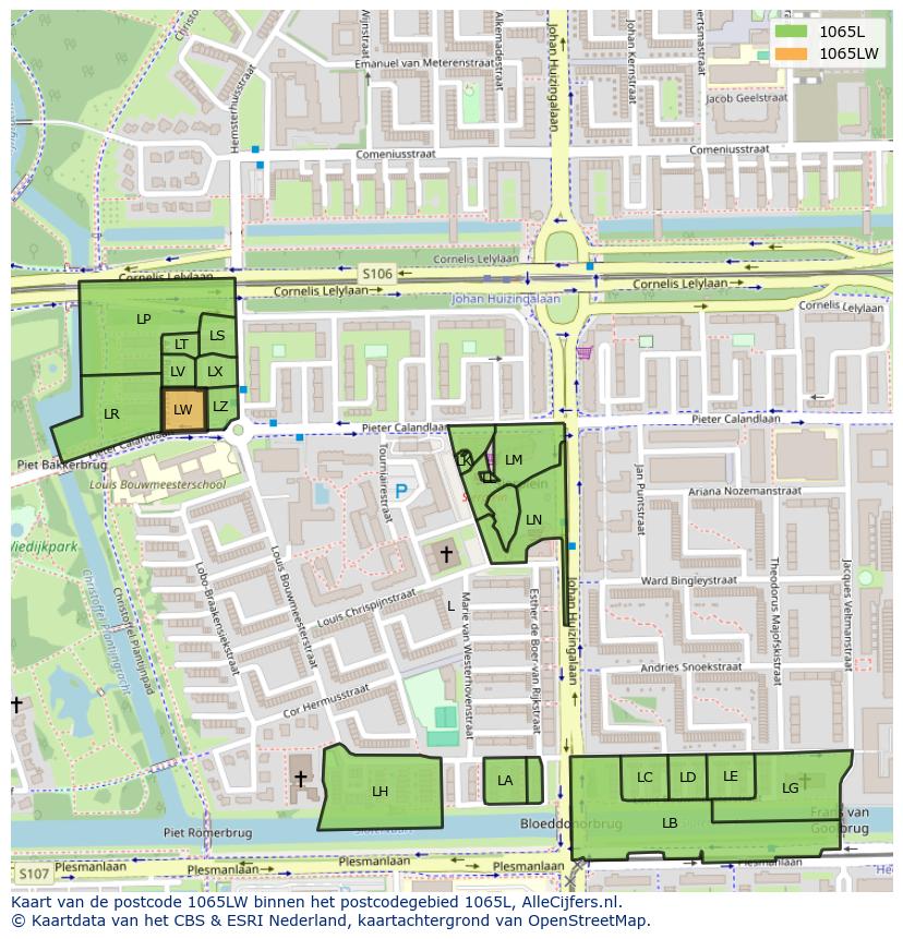 Afbeelding van het postcodegebied 1065 LW op de kaart.