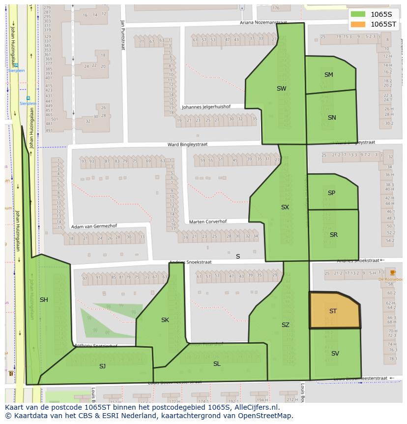 Afbeelding van het postcodegebied 1065 ST op de kaart.