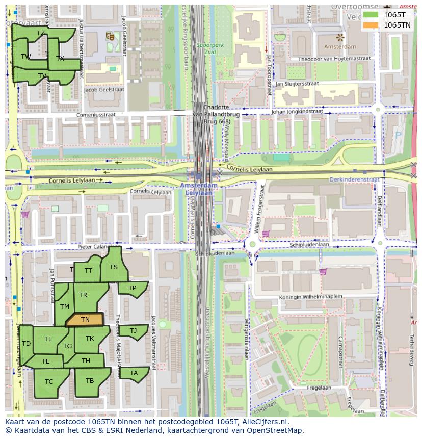 Afbeelding van het postcodegebied 1065 TN op de kaart.