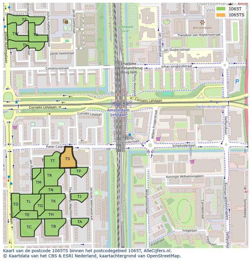 Afbeelding van het postcodegebied 1065 TS op de kaart.