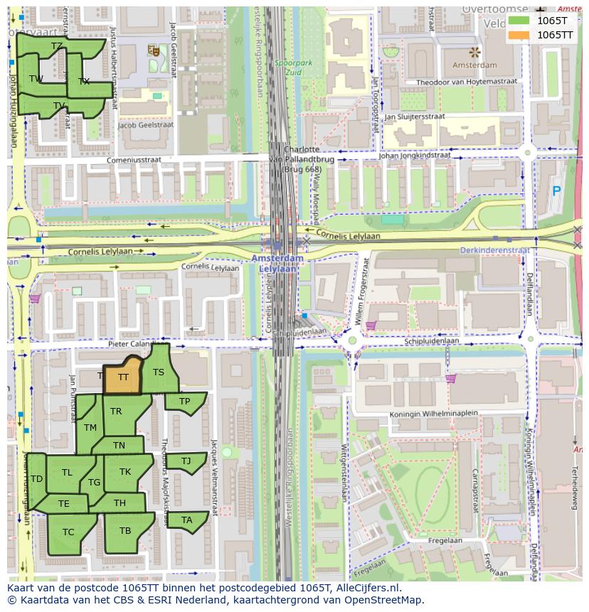 Afbeelding van het postcodegebied 1065 TT op de kaart.